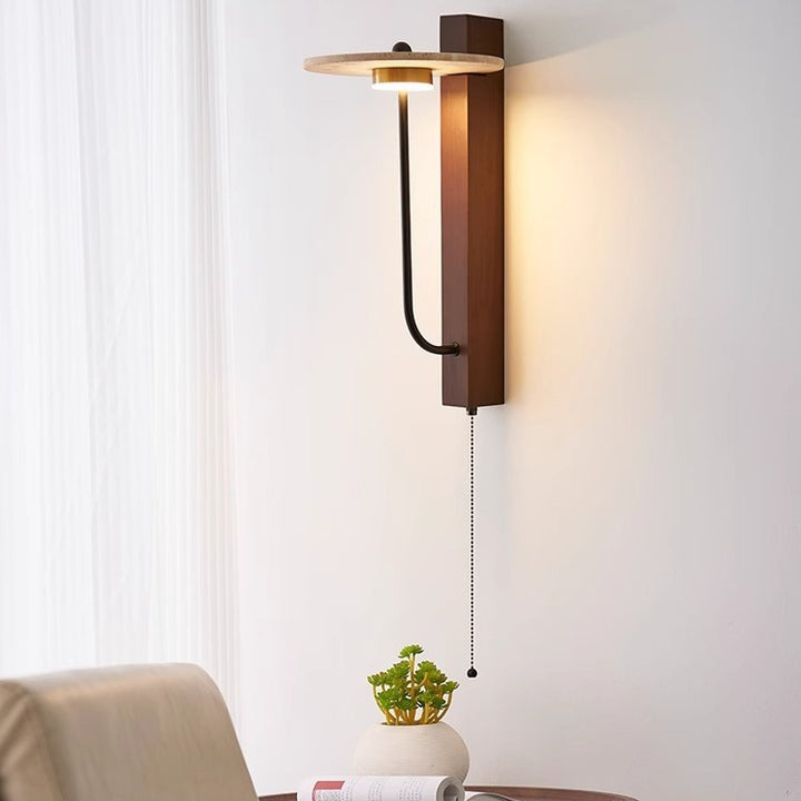 Lámpara de pared LED de travertino amarillo redondo francés tradicional de acero al carbono y madera de nogal para dormitorio 