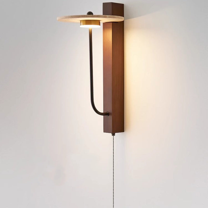 Applique murale LED en acier au carbone, bois de noyer, travertin jaune rond traditionnel français pour chambre 