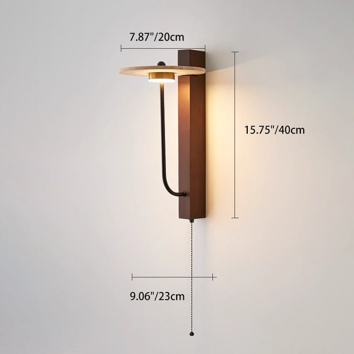 Lámpara de pared LED de travertino amarillo redondo francés tradicional de acero al carbono y madera de nogal para dormitorio 