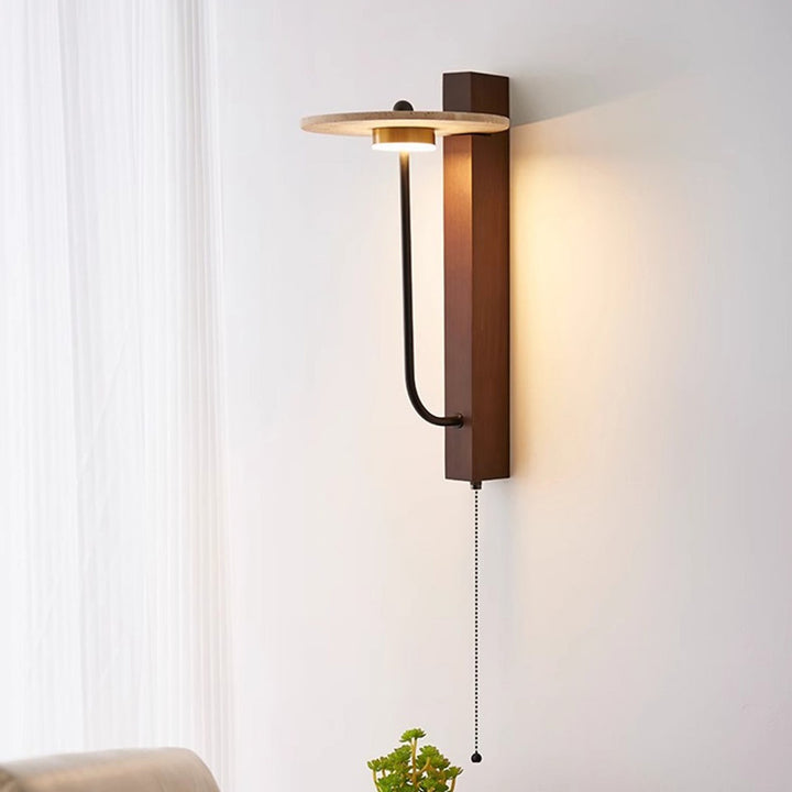 Applique murale LED en acier au carbone, bois de noyer, travertin jaune rond traditionnel français pour chambre 