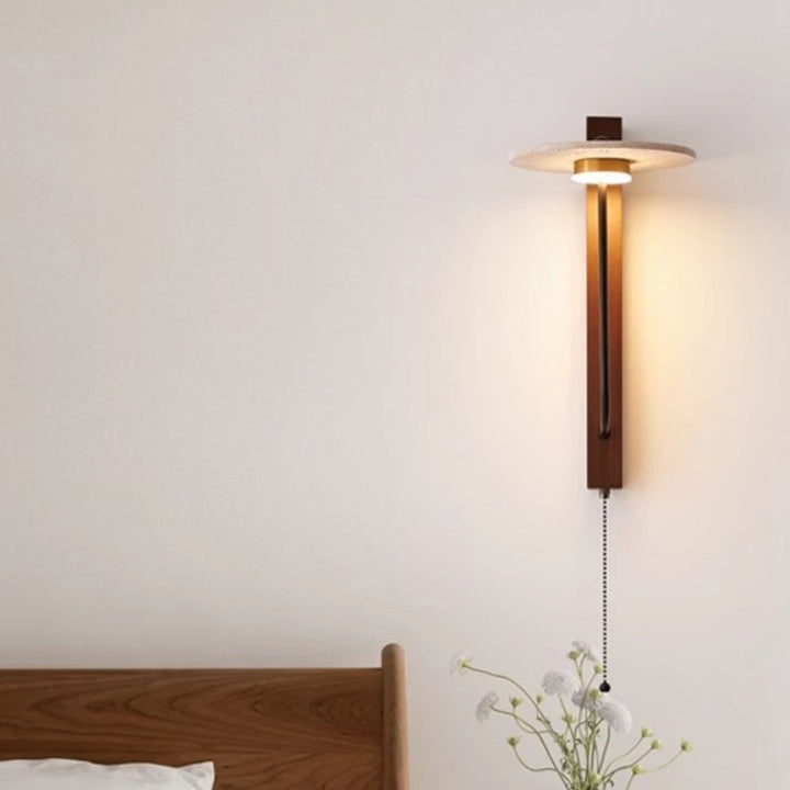 Applique murale LED en acier au carbone, bois de noyer, travertin jaune rond traditionnel français pour chambre 