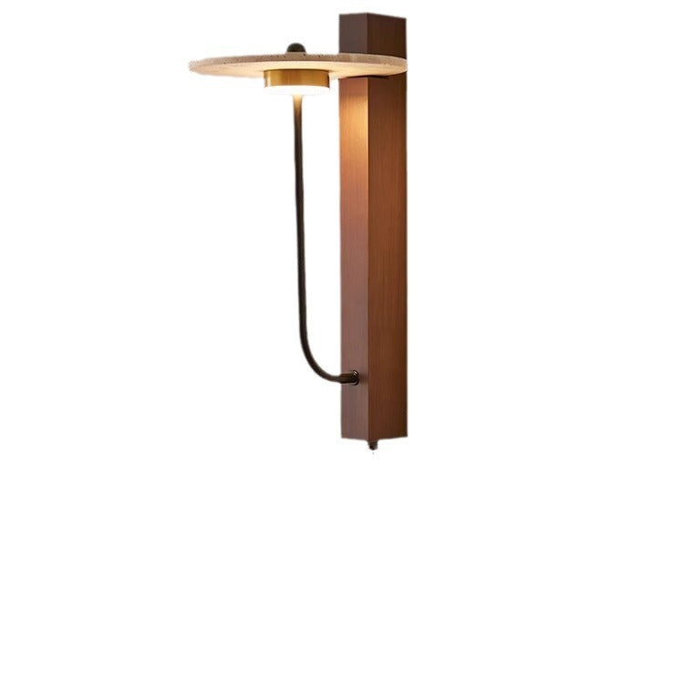Applique murale LED en acier au carbone, bois de noyer, travertin jaune rond traditionnel français pour chambre 