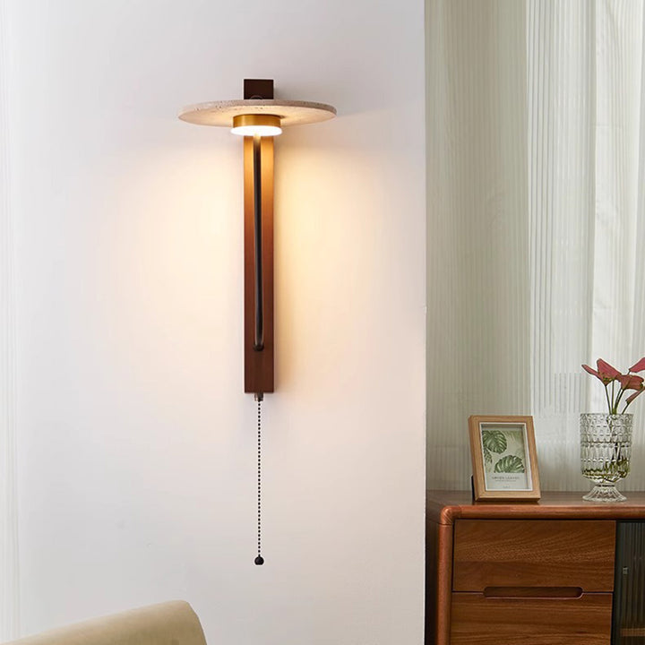 Lámpara de pared LED de travertino amarillo redondo francés tradicional de acero al carbono y madera de nogal para dormitorio 