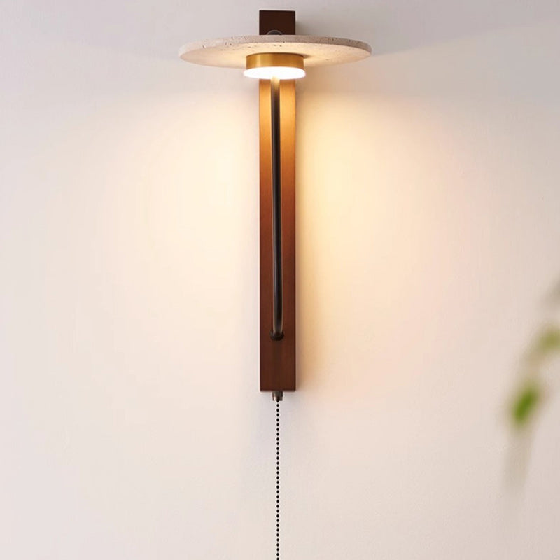 Applique murale LED en acier au carbone, bois de noyer, travertin jaune rond traditionnel français pour chambre 