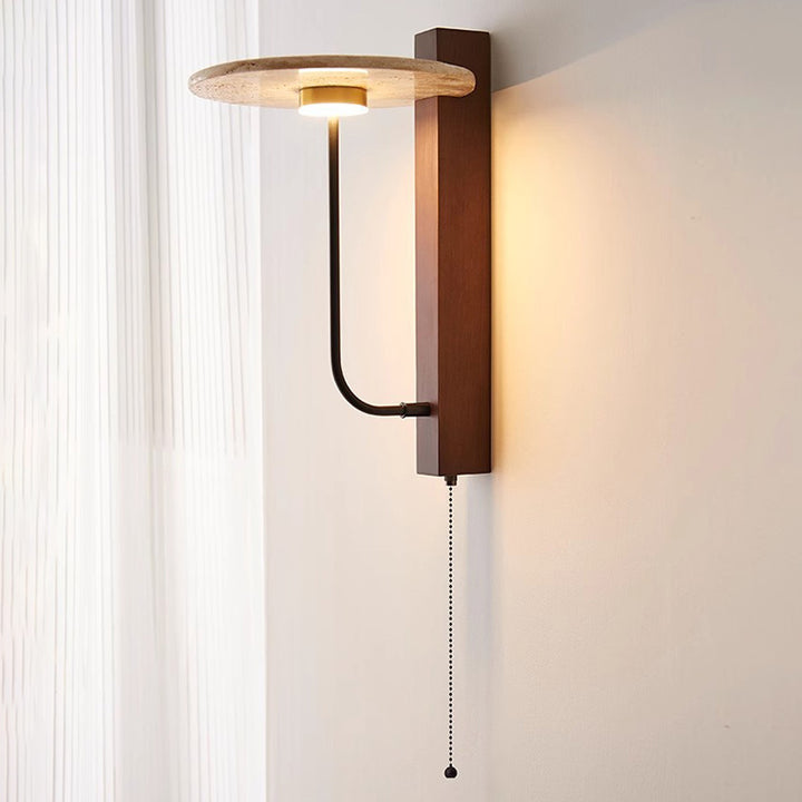 Applique murale LED en acier au carbone, bois de noyer, travertin jaune rond traditionnel français pour chambre 