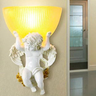 Traditional European Angel Stainless Steel Glass 1-Light Wall Sconce Lamp For Hallway