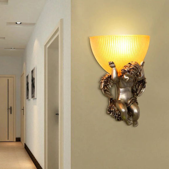 Lámpara de aplique de pared de 1 luz de ángel tradicional europeo de acero inoxidable y vidrio para pasillo 