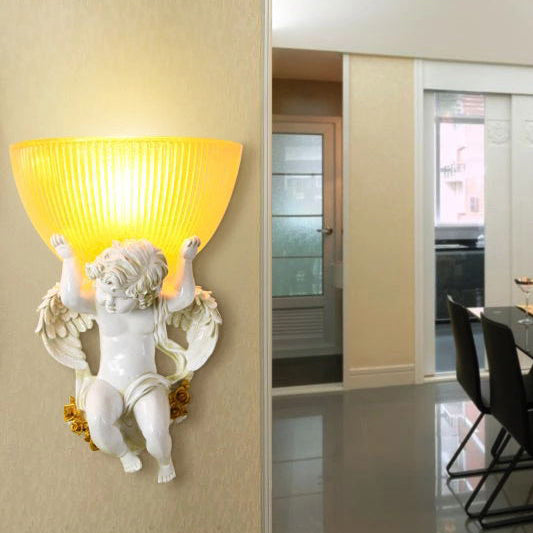 Lámpara de aplique de pared de 1 luz de ángel tradicional europeo de acero inoxidable y vidrio para pasillo 