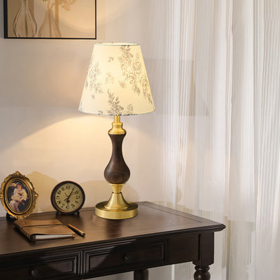 Moderne Mid-Century Frustum Kegel Kupfer Schwarz Walnuss Holz Stoff 1-Licht Tischlampe für das Schlafzimmer 