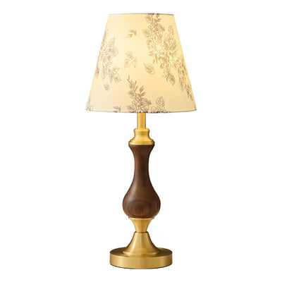 Moderne Mid-Century Frustum Kegel Kupfer Schwarz Walnuss Holz Stoff 1-Licht Tischlampe für das Schlafzimmer 