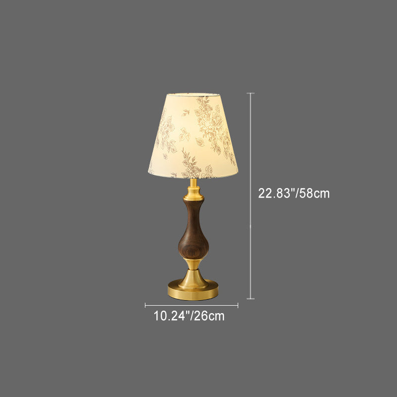 Moderne Mid-Century Frustum Kegel Kupfer Schwarz Walnuss Holz Stoff 1-Licht Tischlampe für das Schlafzimmer 