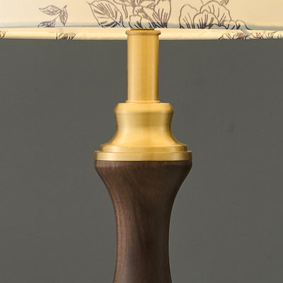 Moderne Mid-Century Frustum Kegel Kupfer Schwarz Walnuss Holz Stoff 1-Licht Tischlampe für das Schlafzimmer 