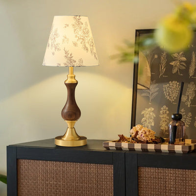 Moderne Mid-Century Frustum Kegel Kupfer Schwarz Walnuss Holz Stoff 1-Licht Tischlampe für das Schlafzimmer 