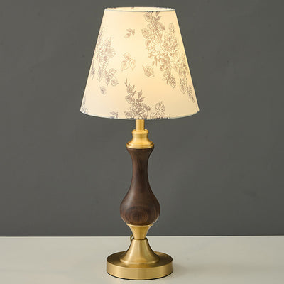 Moderne Mid-Century Frustum Kegel Kupfer Schwarz Walnuss Holz Stoff 1-Licht Tischlampe für das Schlafzimmer 