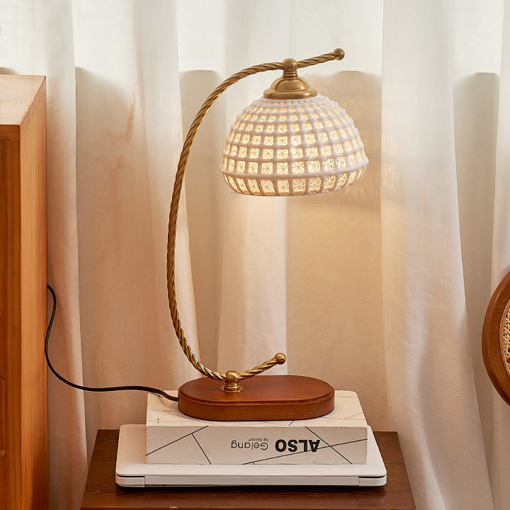 Moderne Mid-Century Kuppel Eisen Keramik Massivholz 1-Licht Tischlampe für das Schlafzimmer 