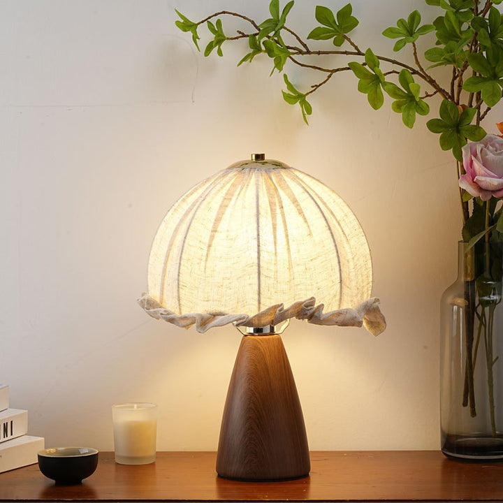 Traditional Rustic Dome Iron Walnut Wood Fabric 1-Light Table Lamp For Bedroom