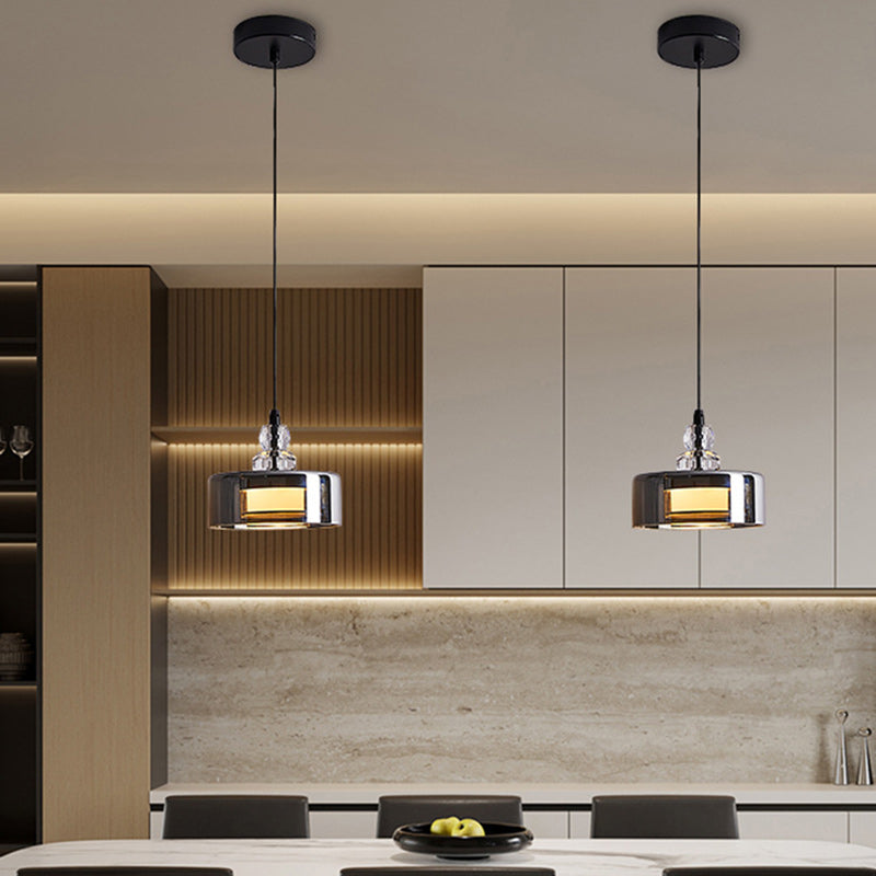 Contemporary Scandinavian Cylinder Glass Iron LED Pendant Light For Bedroom