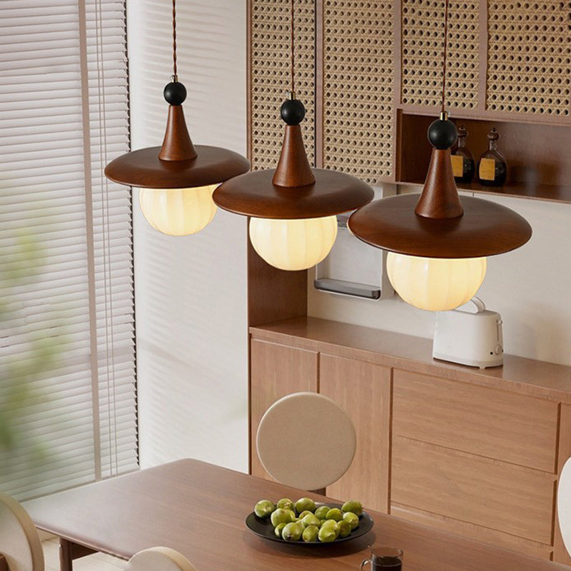 Traditional Japanese Ball Iron Solid Wood Glass 1-Light Pendant Light For Bedroom