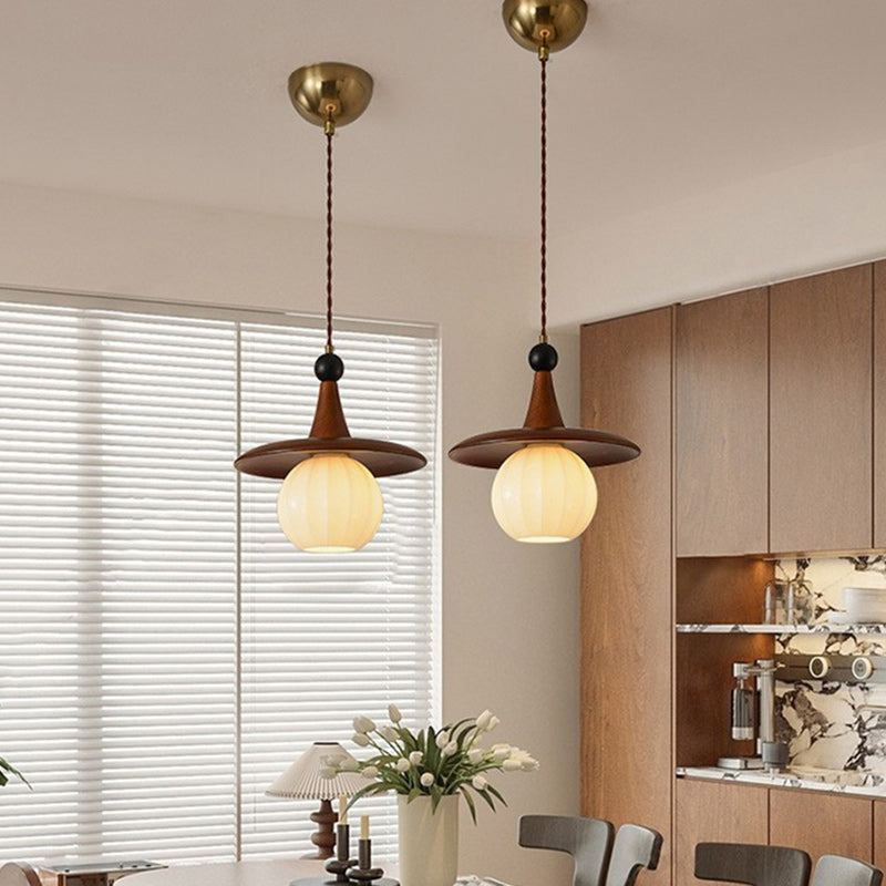 Traditional Japanese Ball Iron Solid Wood Glass 1-Light Pendant Light For Bedroom