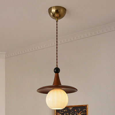 Traditional Japanese Ball Iron Solid Wood Glass 1-Light Pendant Light For Bedroom