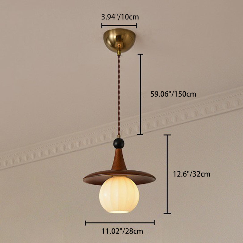 Traditional Japanese Ball Iron Solid Wood Glass 1-Light Pendant Light For Bedroom