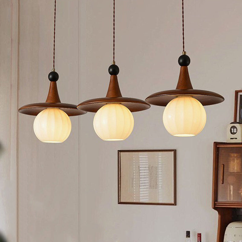 Traditional Japanese Ball Iron Solid Wood Glass 1-Light Pendant Light For Bedroom