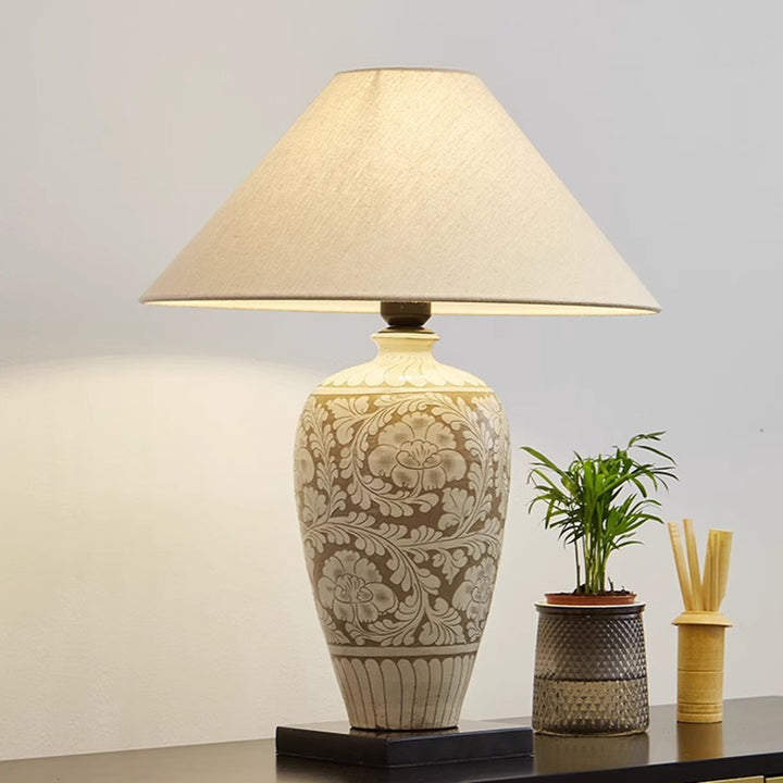 Lámpara de mesa de 1 luz de cerámica de jarrón chino tradicional para dormitorio 