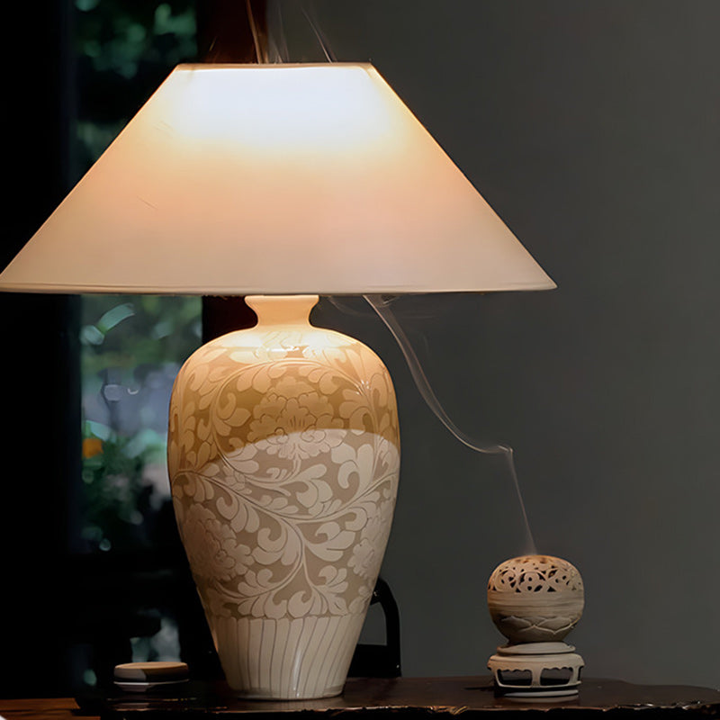 Lámpara de mesa de 1 luz de cerámica de jarrón chino tradicional para dormitorio 
