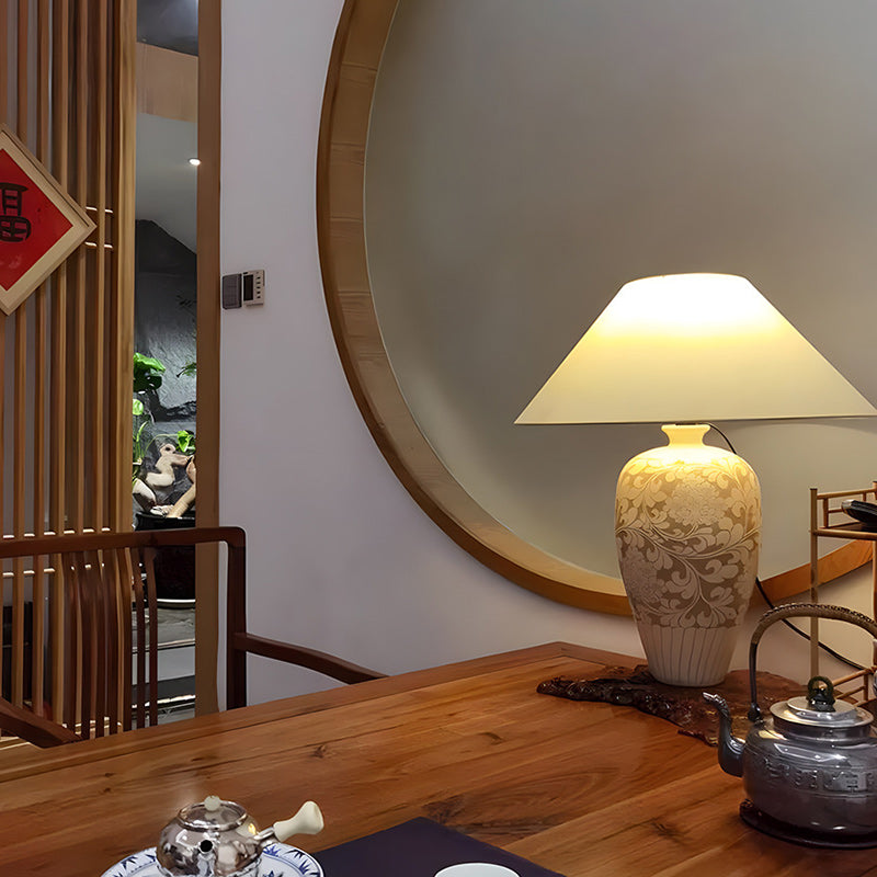 Traditionelle chinesische Vase Keramik Stoff 1-Licht Tischlampe für das Schlafzimmer 