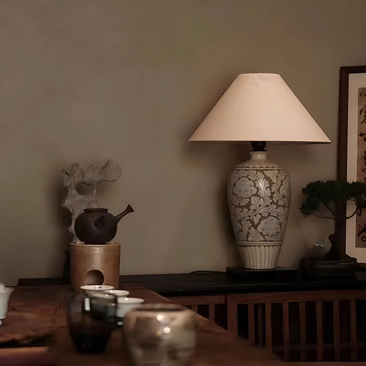Lámpara de mesa de 1 luz de cerámica de jarrón chino tradicional para dormitorio 