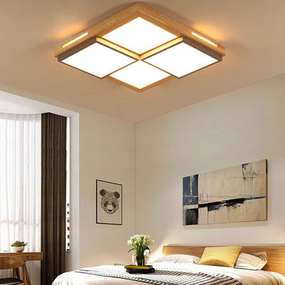 Plafonnier LED en bois massif carré traditionnel japonais avec monture affleurante pour salon 