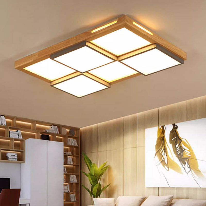 Plafonnier LED en bois massif carré traditionnel japonais avec monture affleurante pour salon 