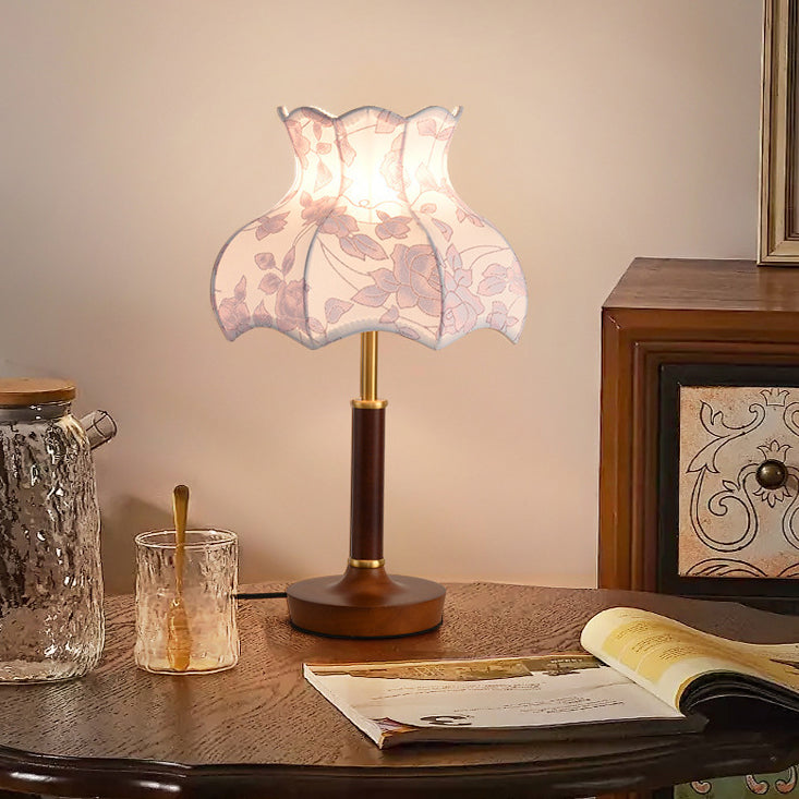 Lampe de table 1 lumière en métal, bois et tissu avec dôme traditionnel français pour chambre 