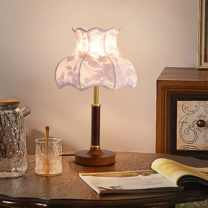 Lampe de table 1 lumière en métal, bois et tissu avec dôme traditionnel français pour chambre 