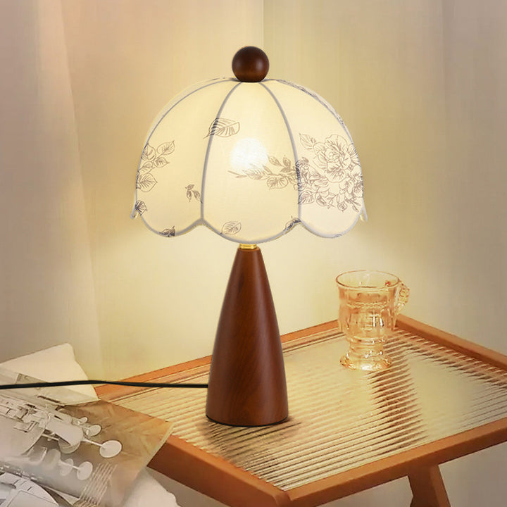 Lampe de table 1 lumière en métal, bois et tissu avec dôme traditionnel français pour chambre 