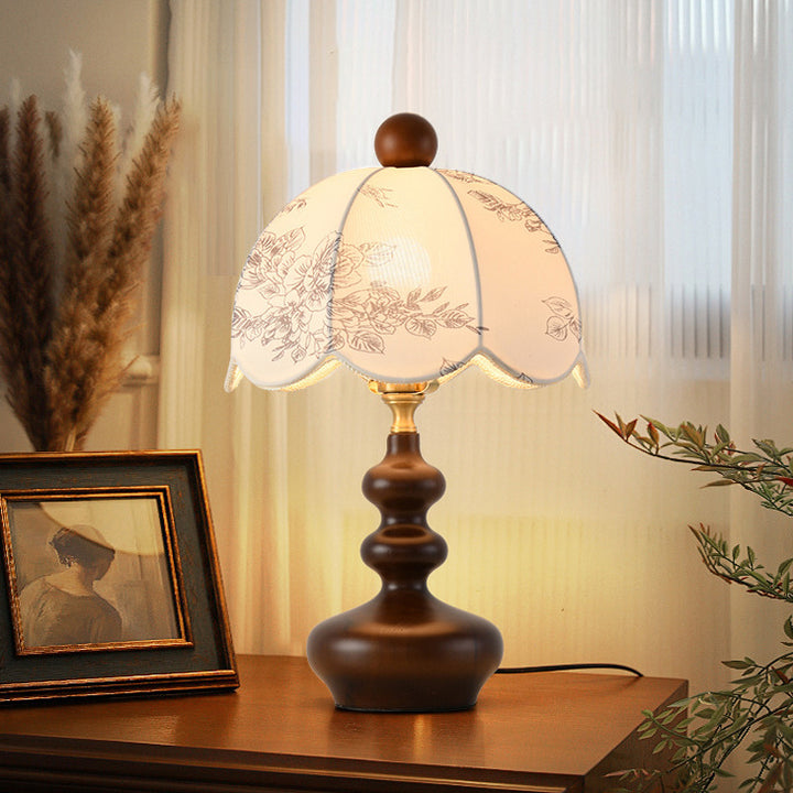 Lampe de table 1 lumière en métal, bois et tissu avec dôme traditionnel français pour chambre 