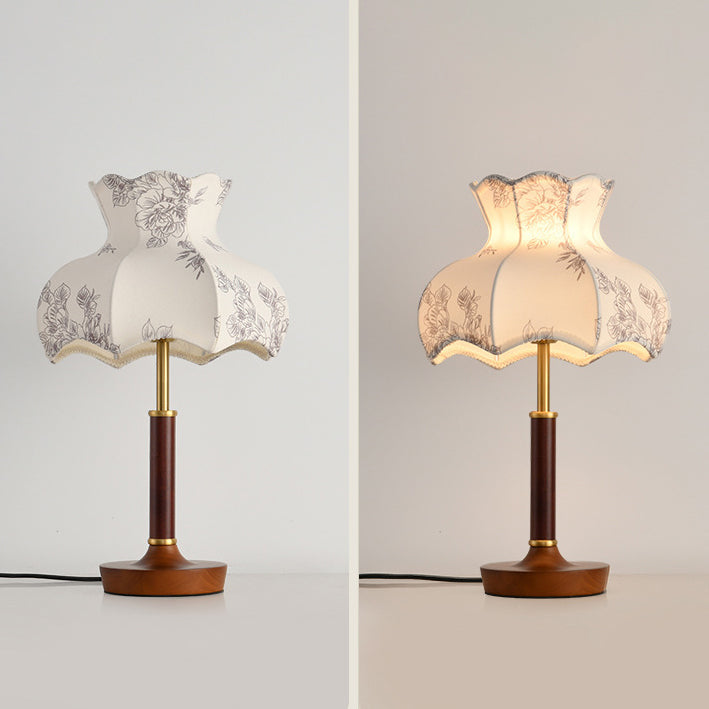 Lampe de table 1 lumière en métal, bois et tissu avec dôme traditionnel français pour chambre 
