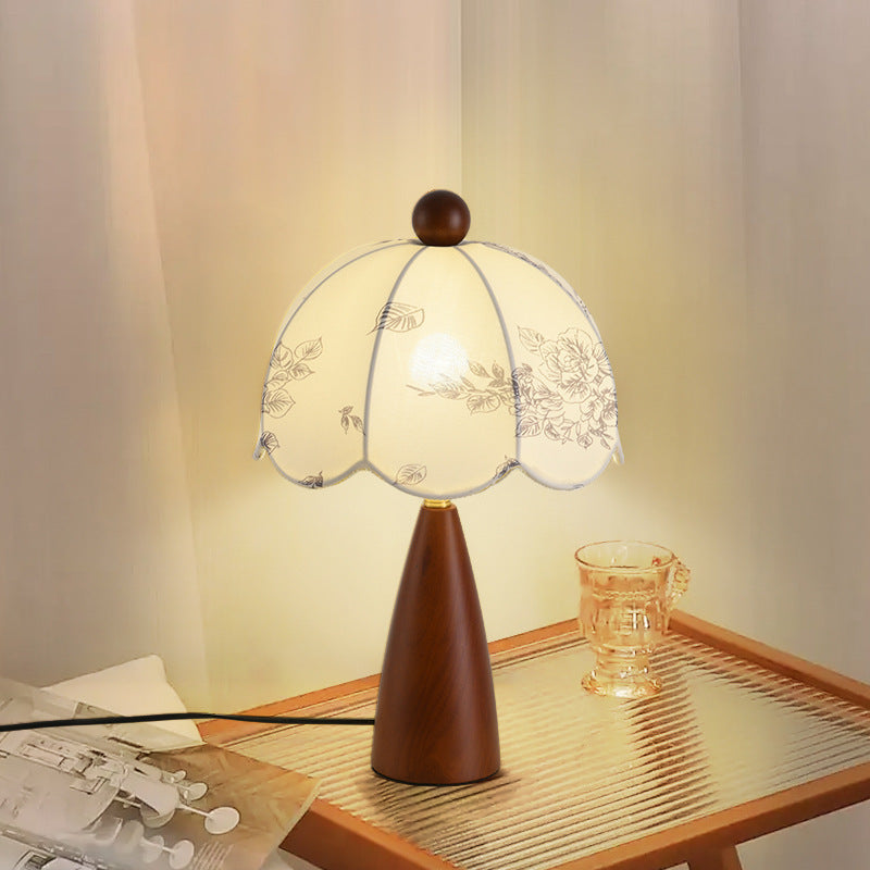 Lampe de table 1 lumière en métal, bois et tissu avec dôme traditionnel français pour chambre 