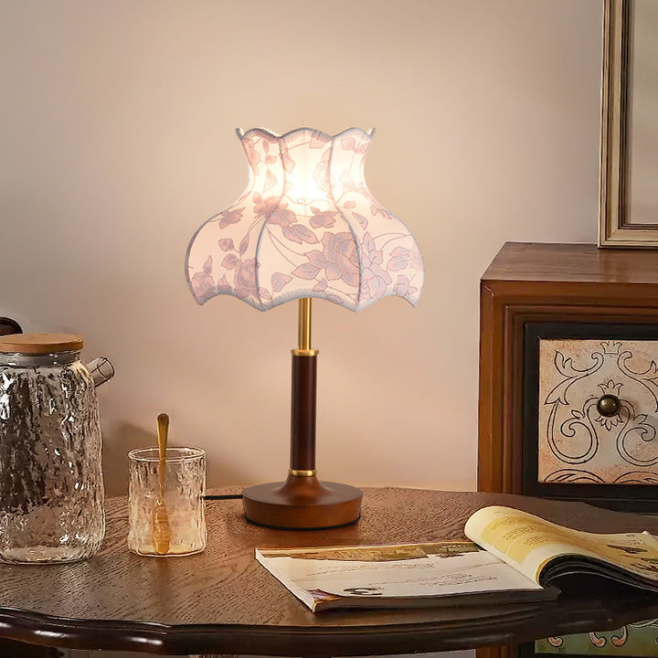 Lampe de table 1 lumière en métal, bois et tissu avec dôme traditionnel français pour chambre 