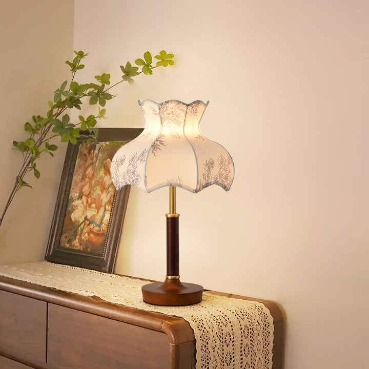 Lampe de table 1 lumière en métal, bois et tissu avec dôme traditionnel français pour chambre 