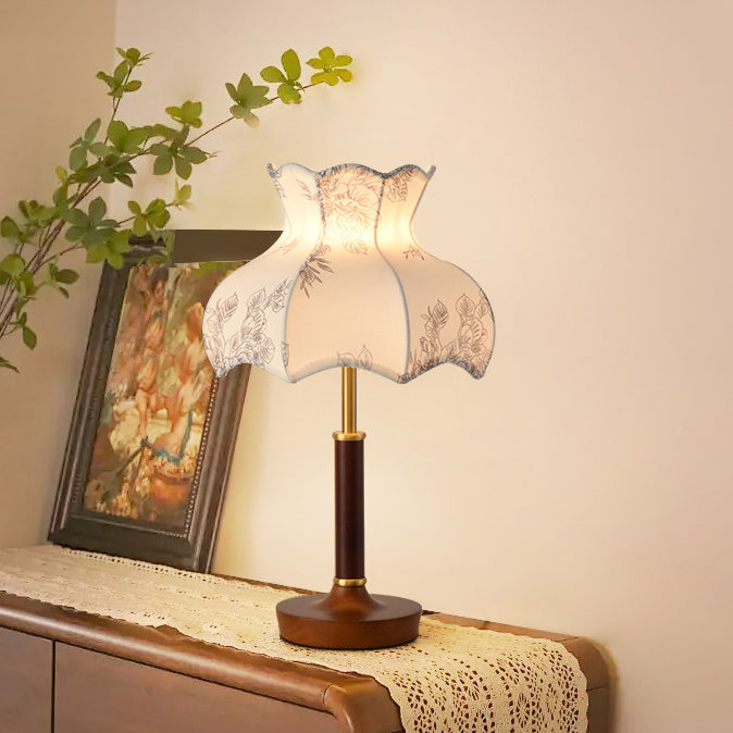 Lampe de table 1 lumière en métal, bois et tissu avec dôme traditionnel français pour chambre 