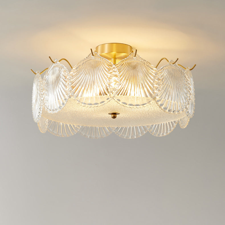 Traditional Luxury Round Copper Glass 4/5 Light Semi-Flush Mount Ceiling Light For Bedroom