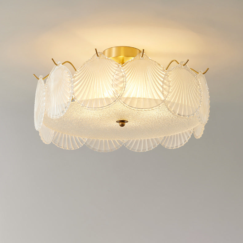 Traditional Luxury Round Copper Glass 4/5 Light Semi-Flush Mount Ceiling Light For Bedroom