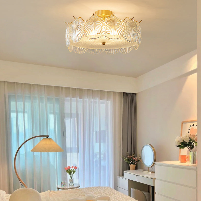 Traditional Luxury Round Copper Glass 4/5 Light Semi-Flush Mount Ceiling Light For Bedroom