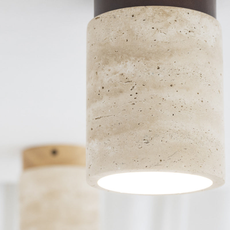 Traditional Japanese Cylinder Solid Wood Yellow Travertine 1-Light Semi-Flush Mount Ceiling Light For Hallway