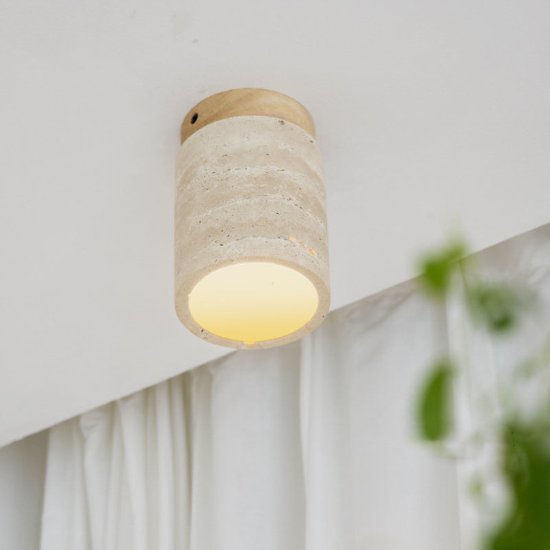 Traditional Japanese Cylinder Solid Wood Yellow Travertine 1-Light Semi-Flush Mount Ceiling Light For Hallway