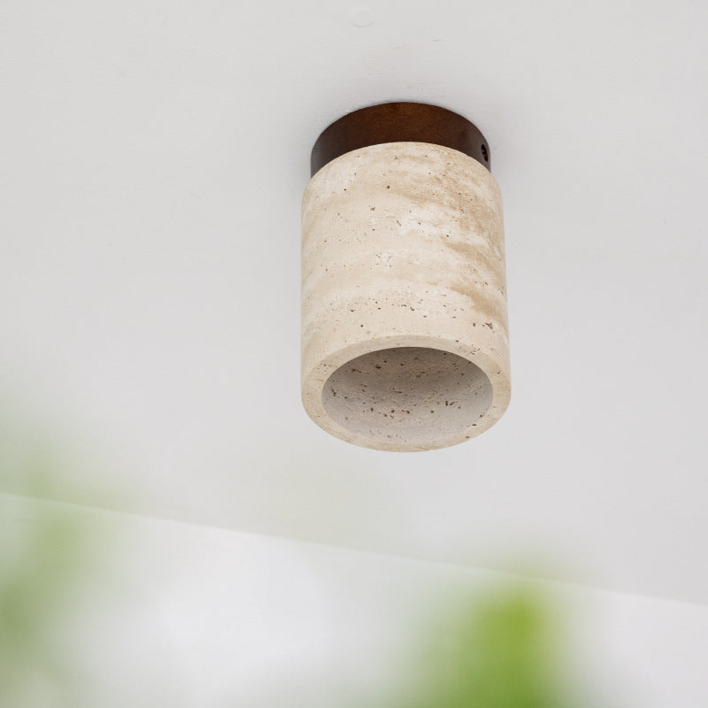 Traditional Japanese Cylinder Solid Wood Yellow Travertine 1-Light Semi-Flush Mount Ceiling Light For Hallway