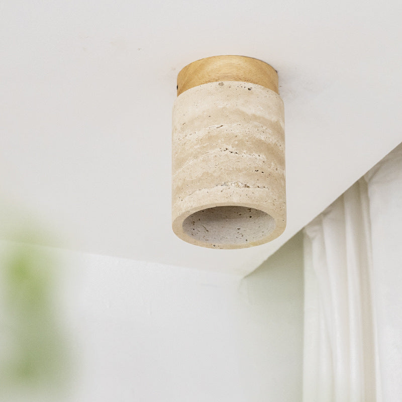 Traditional Japanese Cylinder Solid Wood Yellow Travertine 1-Light Semi-Flush Mount Ceiling Light For Hallway