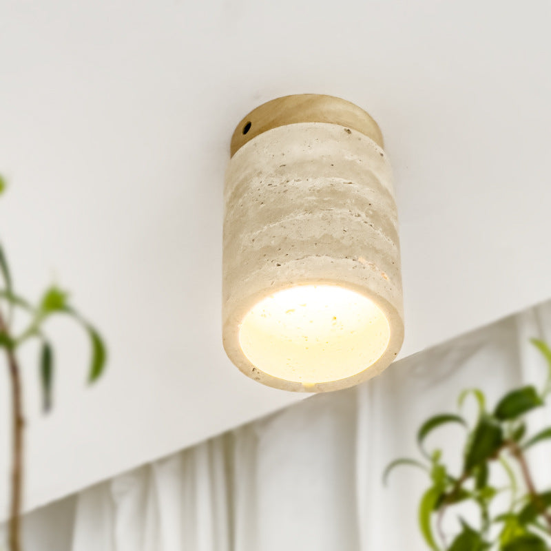 Traditional Japanese Cylinder Solid Wood Yellow Travertine 1-Light Semi-Flush Mount Ceiling Light For Hallway