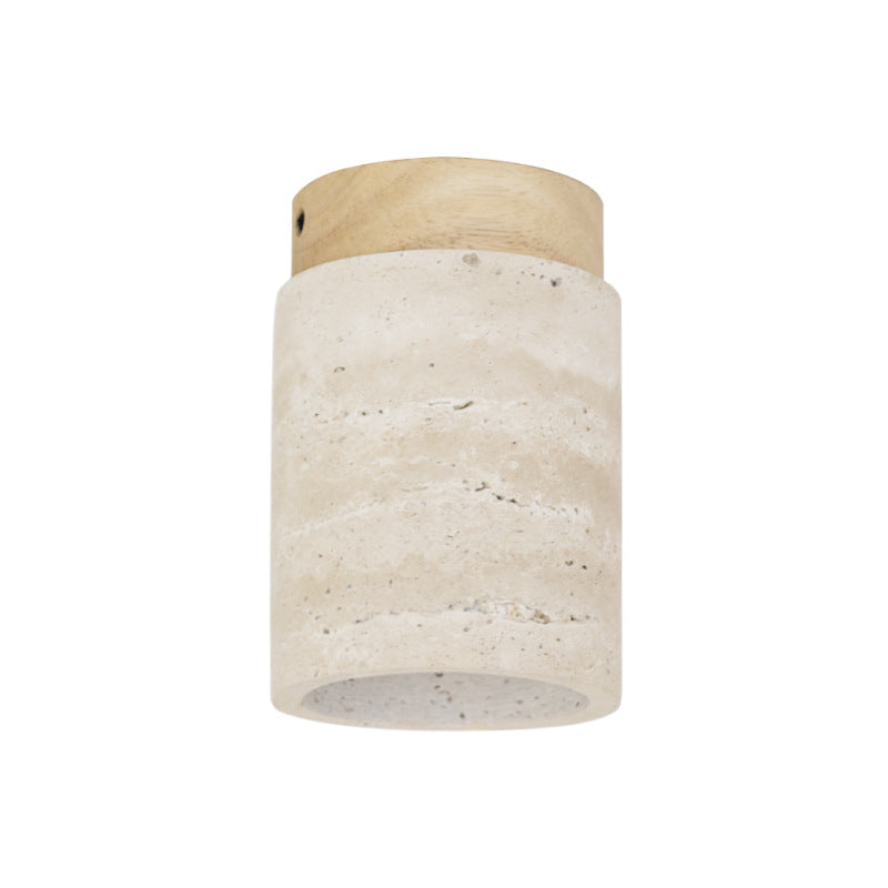 Traditional Japanese Cylinder Solid Wood Yellow Travertine 1-Light Semi-Flush Mount Ceiling Light For Hallway